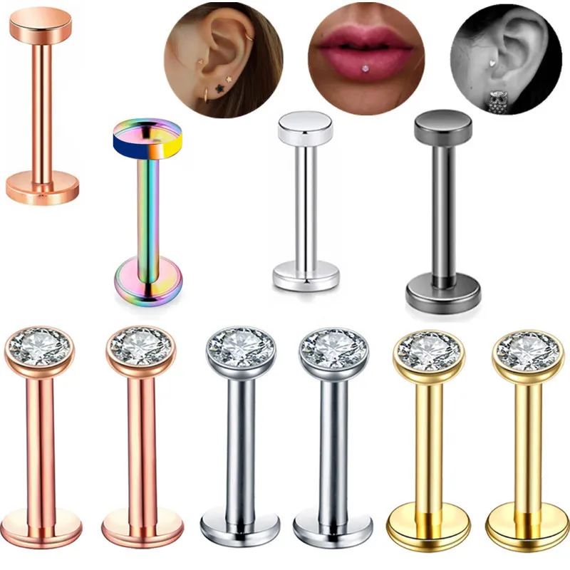 Women Fashion Simple Stainless Steel Rhinestone Lip Nail Body Piercing Jewelry