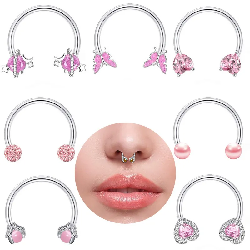 Women Fashion Double Heart Butterfly Rhinestone Stainless Steel Lip Ring Body Piercing Jewelry