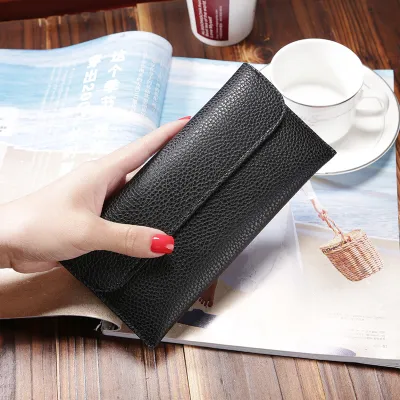 Women Long Large Capacity Solid Color Litchi Pattern PU Leather Wallet Purse