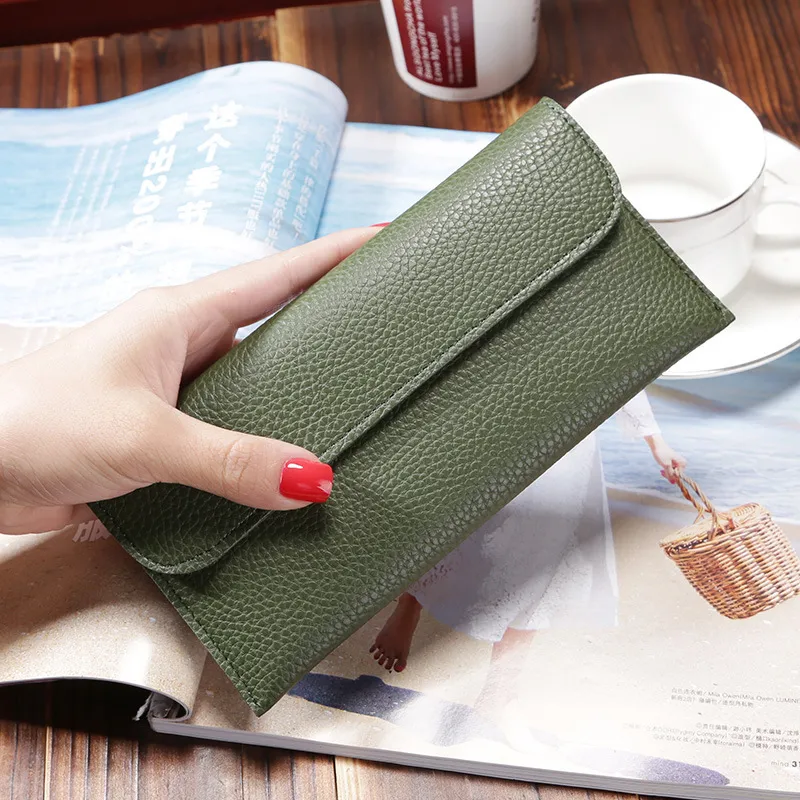 Women Long Large Capacity Solid Color Litchi Pattern PU Leather Wallet Purse