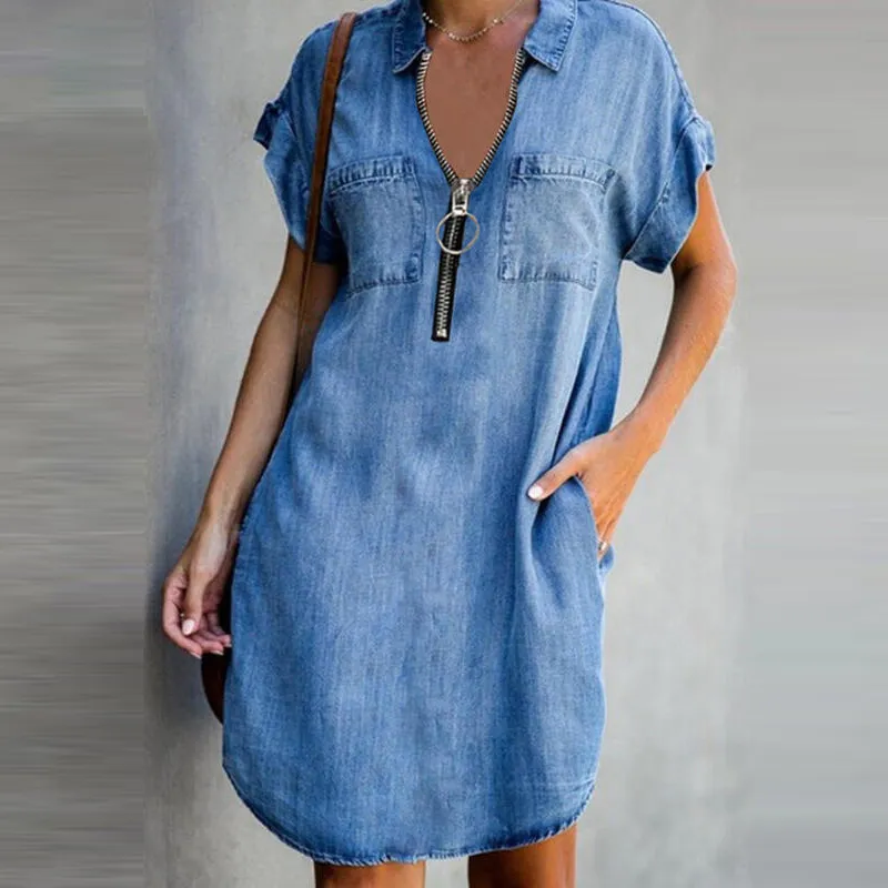 Women Slim-Fit Denim Dress with Zipper Square Collar