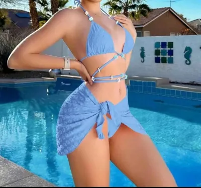 Summer Women Solid Color Sexy Bikini Three-Piece Swimwear
