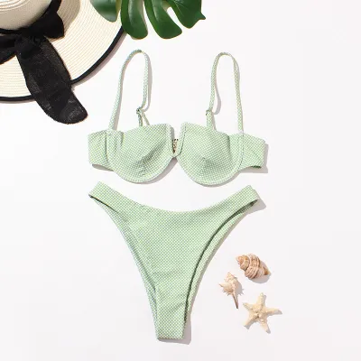 Fashion Women Polka Dot Print Bikini Swimwear with V-Shaped Steel Support