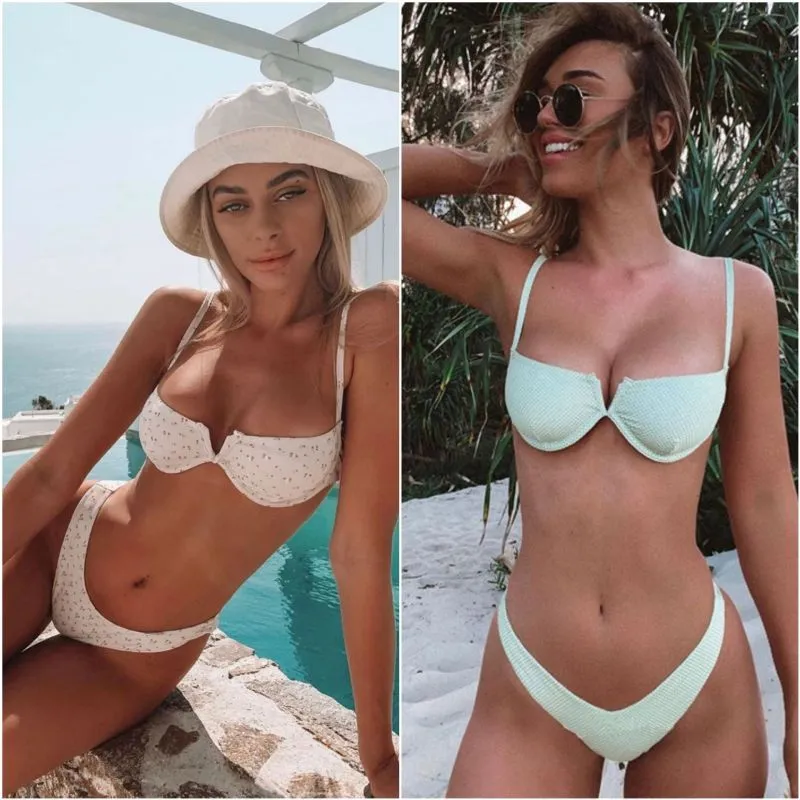 Fashion Women Polka Dot Print Bikini Swimwear with V-Shaped Steel Support