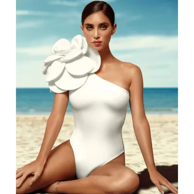 Fashion Summer Vacation 3D White Big Flower Decoration Solid Color Sexy One-Piece Swimsuit