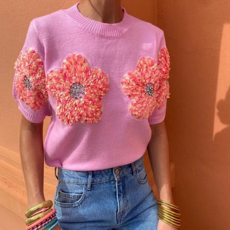 Contrast Floral Sweet Pink Round Neck Short Sleeve Women Knitted Pullover Sweater