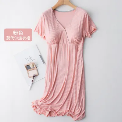 Maternity V-Neck Breastfeeding Dress with Lotus Leaf Sleeves