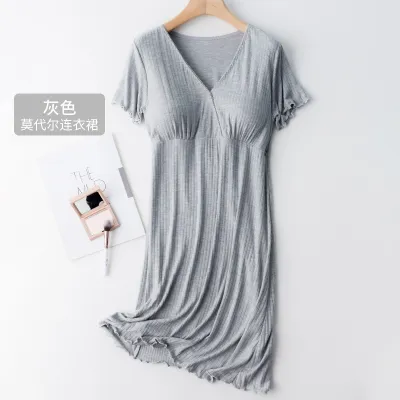 Maternity V-Neck Breastfeeding Dress with Lotus Leaf Sleeves