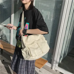 Women Fashionable Solid Color Multi-Pocket Large Capacity Canvas Tote Shoulder Bag