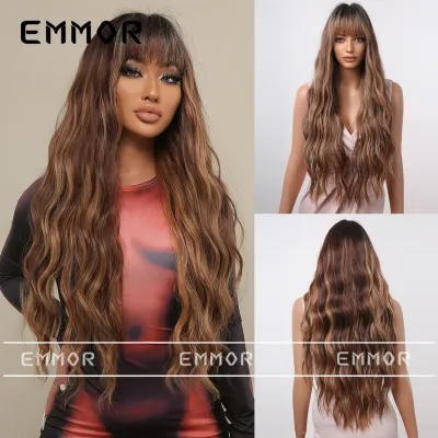 Women Fashion Bangs Gradient Long Curly Hair Wig Natural High Temperature Wire