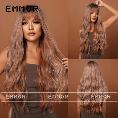 Women Fashion Bangs Gradient Long Curly Hair Wig Natural High Temperature Wire