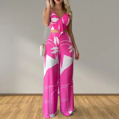 Women Summer Fashion Cropped Top And Wide Leg Pants Set