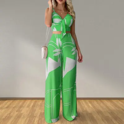 Women Summer Fashion Cropped Top And Wide Leg Pants Set