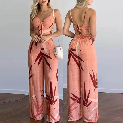 Women Summer Fashion Cropped Top And Wide Leg Pants Set