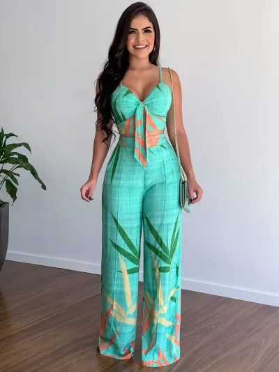 Women Summer Fashion Cropped Top And Wide Leg Pants Set