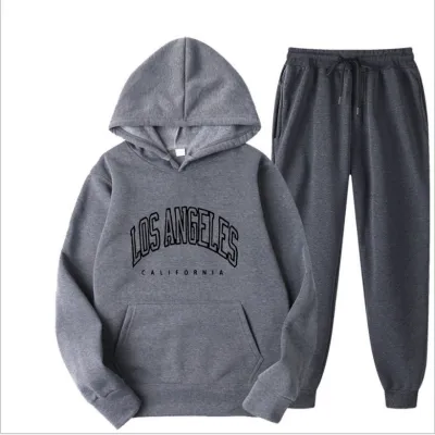 Men Street Hip Hop Fashion Letters Print Long Sleeve Hoodie Trousers Set