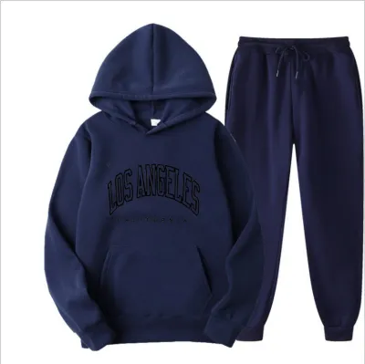 Men Street Hip Hop Fashion Letters Print Long Sleeve Hoodie Trousers Set