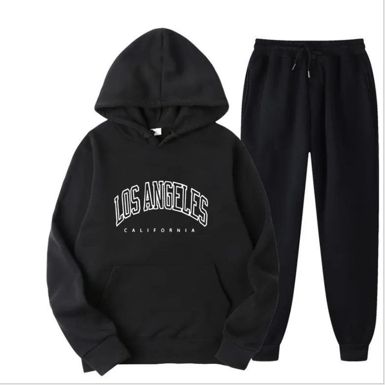 Men Street Hip Hop Fashion Letters Print Long Sleeve Hoodie Trousers Set