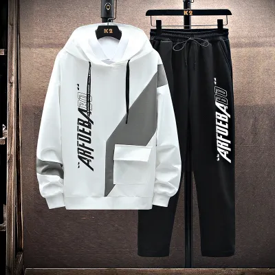 Men Fashion Casual Sports Letters Print Long Sleeve Hooded Coat Trousers Set