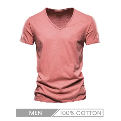 Camiseta personalizada de manga corta con cuello en V 100% algodón flameado de color sólido de verano para hombres