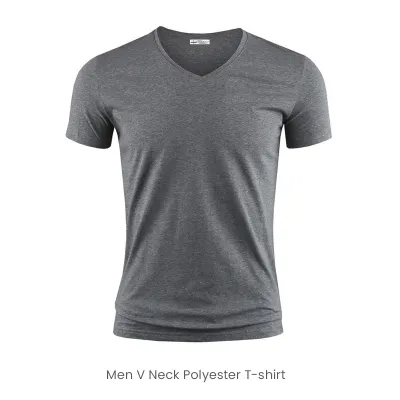 Short-Sleeved Polyester T-Shirt Men V-Neck Slim-Fit Solid Color Logo Custom