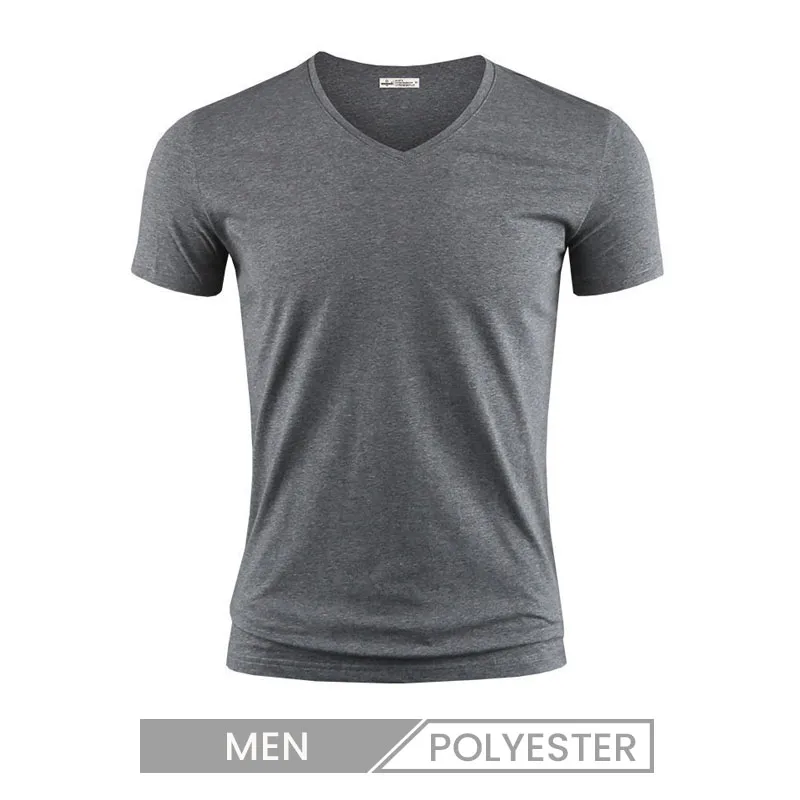Short-Sleeved Polyester T-Shirt Men V Neck Slim-Fit Solid Color Logo Custom