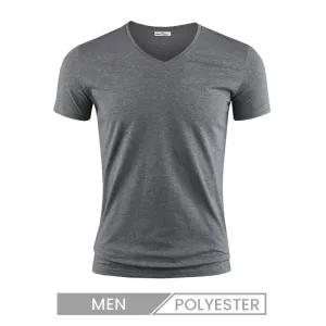 Short-Sleeved Polyester T-Shirt Men V Neck Slim-Fit Solid Color Logo Custom