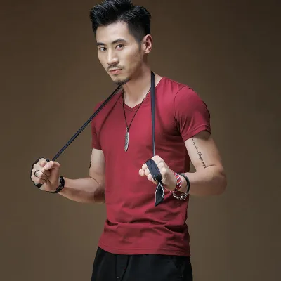 Short-Sleeved Polyester T-Shirt Men V Neck Slim-Fit Solid Color Logo Custom