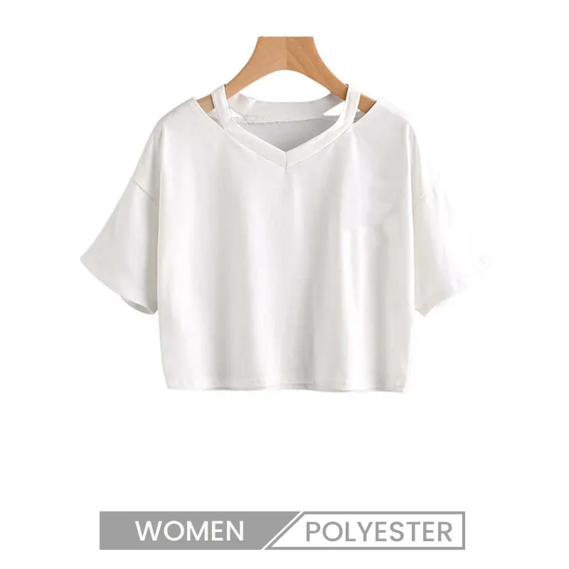 Women Fashion Short Sleeve Hollow Strap Logo Print Custom V Neck Crop T-Shirt