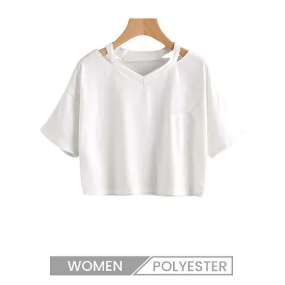 Women Fashion Short Sleeve Hollow Strap Logo Print Custom V Neck Crop T-Shirt