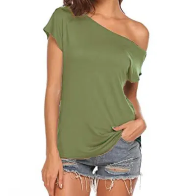 Women Off Shoulder Boat Neck Short Sleeve T-Shirt in Milk Fiber for Summer