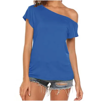 Women Off Shoulder Boat Neck Short Sleeve T-Shirt in Milk Fiber for Summer