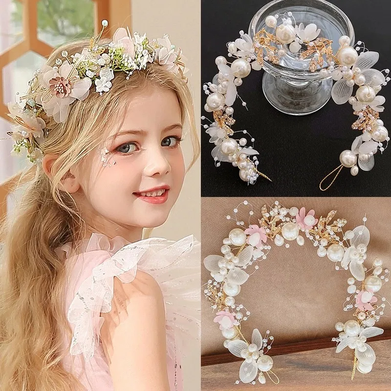 Kids Girls Cute Sweet Princess Pearl Garment Headwear Alloy Plaid