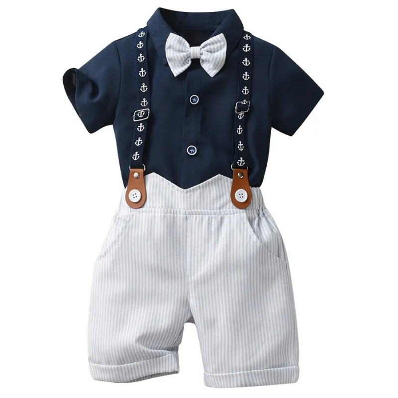 Kids Toddler Boys Party British Style Short-Sleeved Lapel Shirt Suspenders Pants Set