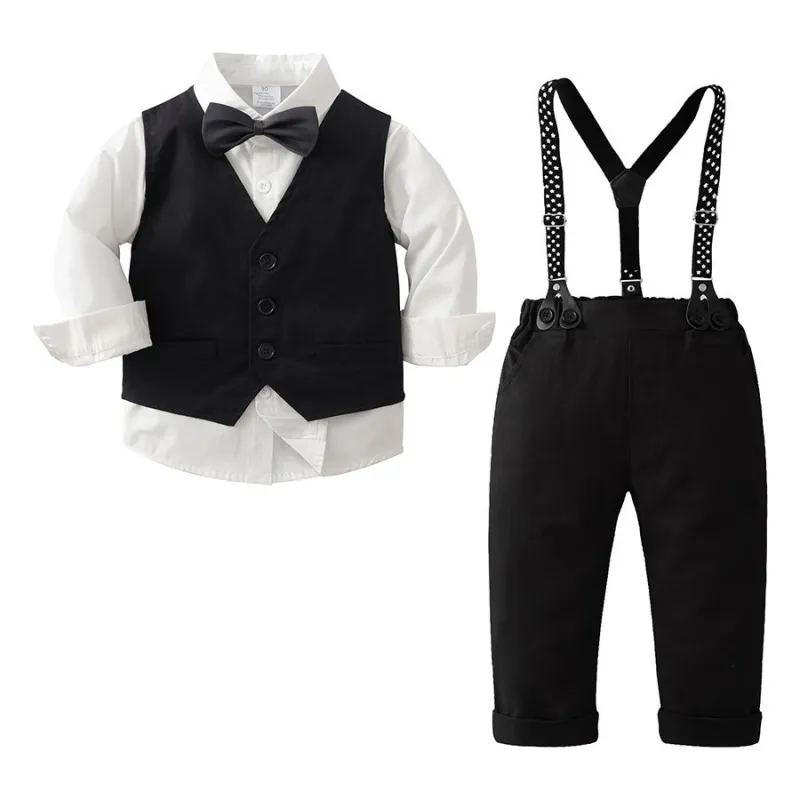 Kids Toddler Boys Party British Style Vest Long Sleeve Lapel Shirt Suspender Pants Set