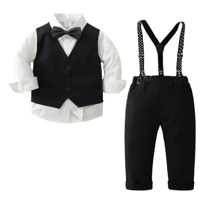 Kids Toddler Boys Party British Style Vest Long Sleeve Lapel Shirt Suspender Pants Set