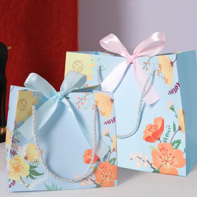 Simple Creative Fresh Flower Printing Bow Ribbon Gift Packaging Paper Bag
