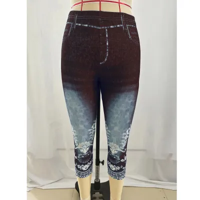 Women Plus Size Imitation Denim Printed High Waist Capris Pants