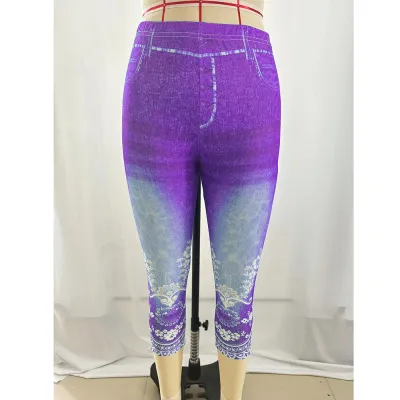 Women Plus Size Imitation Denim Printed High Waist Capris Pants