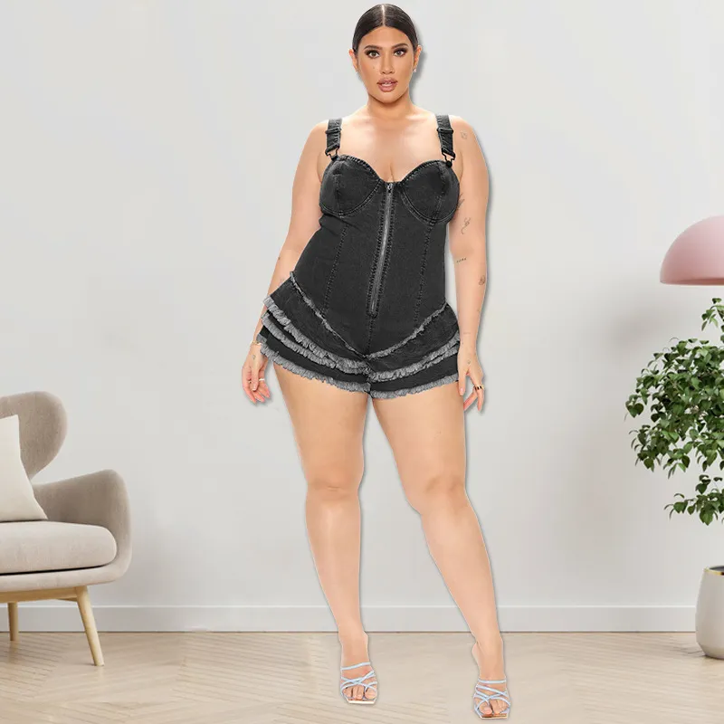 Women Plus Size Sexy Sling Zipper Denim Rompers