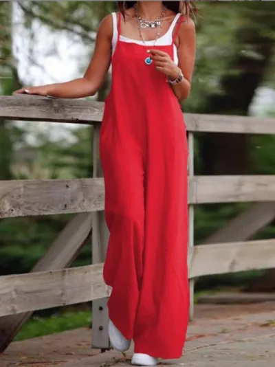 Women's Casual Solid Color Wide-Leg Strap Jumpsuits