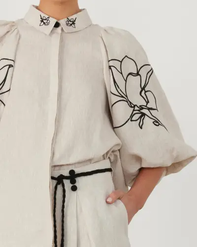 Women Casual Cotton Linen Printed Wide Leg Pants Set