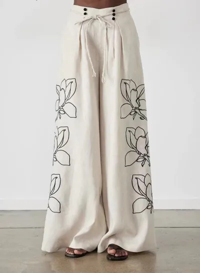 Women Casual Cotton Linen Printed Wide Leg Pants Set