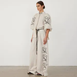 Women Casual Cotton Linen Printed Wide Leg Pants Set