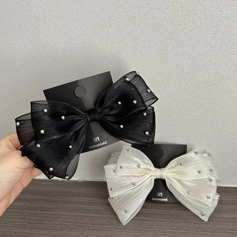 Women Fashion Sweet Pearl Mesh Bow Spring Hairpin
