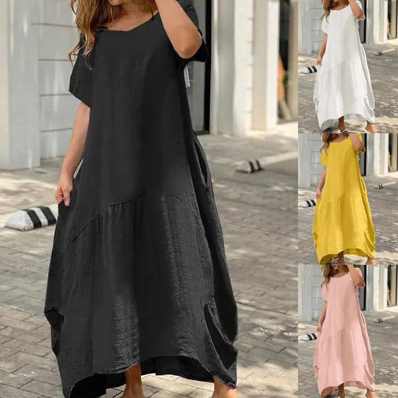Women Casual Plus Size Cotton Linen Maxi Dress with Irregular Skirt