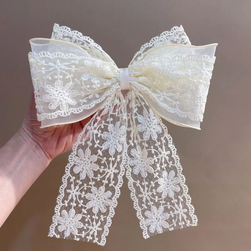 Women Fashion Simple Lace Embroidery Bow Hair Clip Top Clip