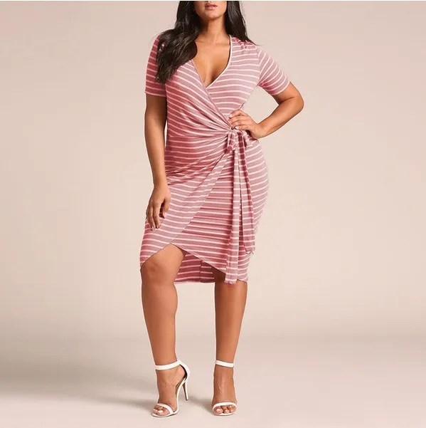 Women Casual Plus Size V-Neck Stripe Short Sleeve Irregular Dress