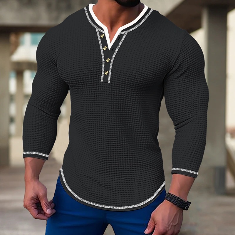 Wholesale Men Fashion Casual Solid Color Waffle Long Sleeve