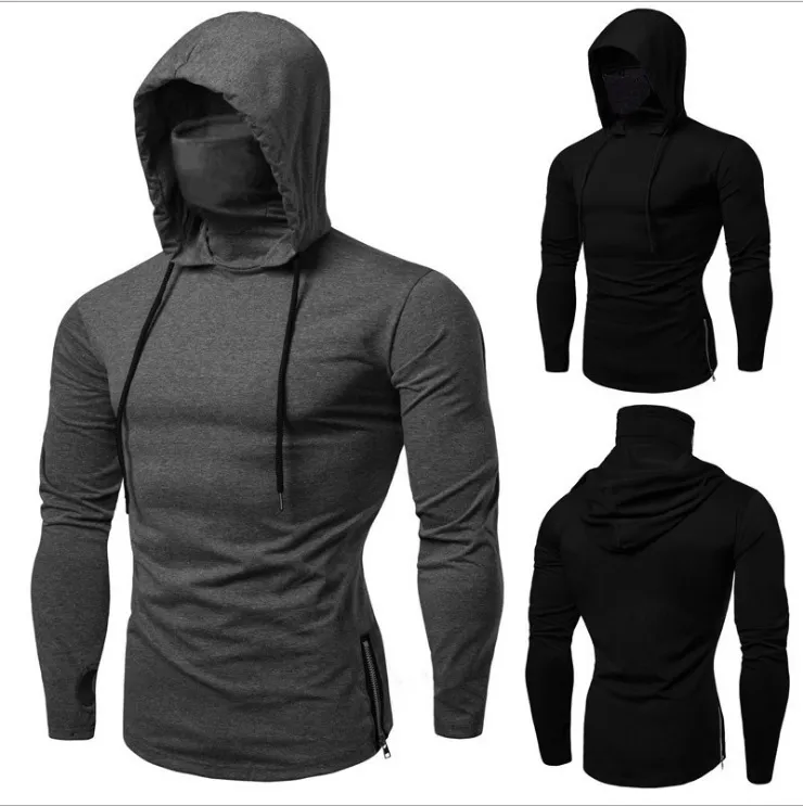 Men Long-Sleeved Solid Color Hoodie Pullover Slim Fit Hip-Hop Tops